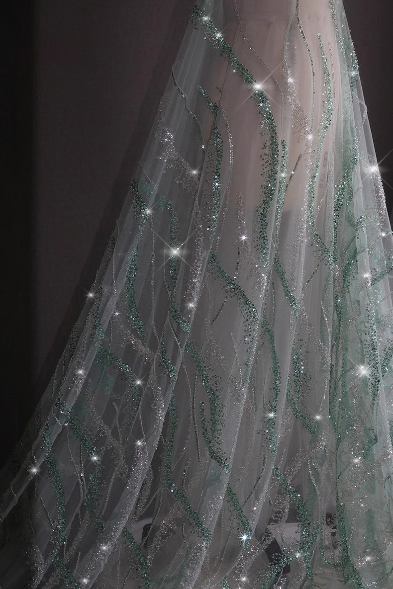 

1yard Nail bead sequins embellish embroidery tela New Dynamic stripes lace fabric Wedding Dress cheongsam diy sewing fabric