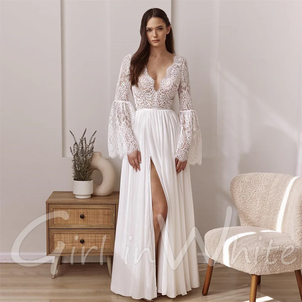 Una linea di pizzo Boho abiti da sposa personalizzati manica lunga svasata sexy scollo a V profondo abiti da sposa abiti da sposa abiti da sposa