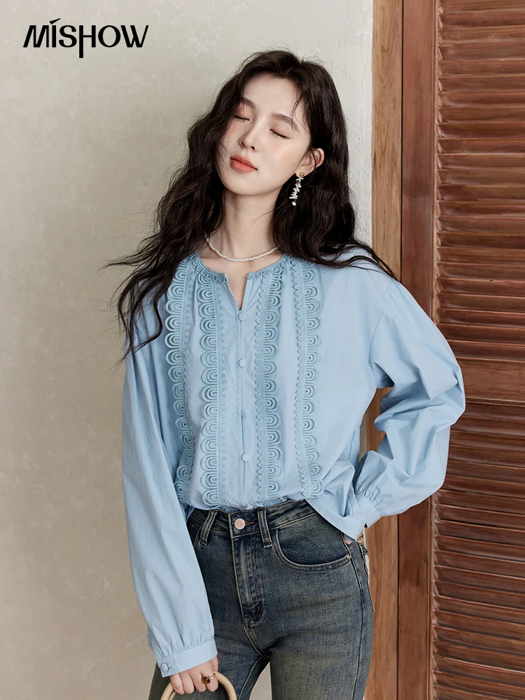 MISHOW 100 Cotton Retro French Hollowed Out Shirt Women 2024 Autumn Korean O Neck Top Solid Commute Straight Shirts MXD46X1686