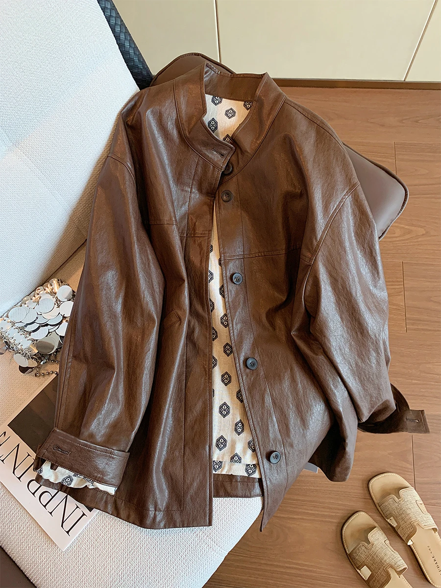 

Ретро-куртка из коричневой кожи для женщин: весенне-осеннее свободное мотоциклетное пальто с воротником-стойкой, модный женский топ