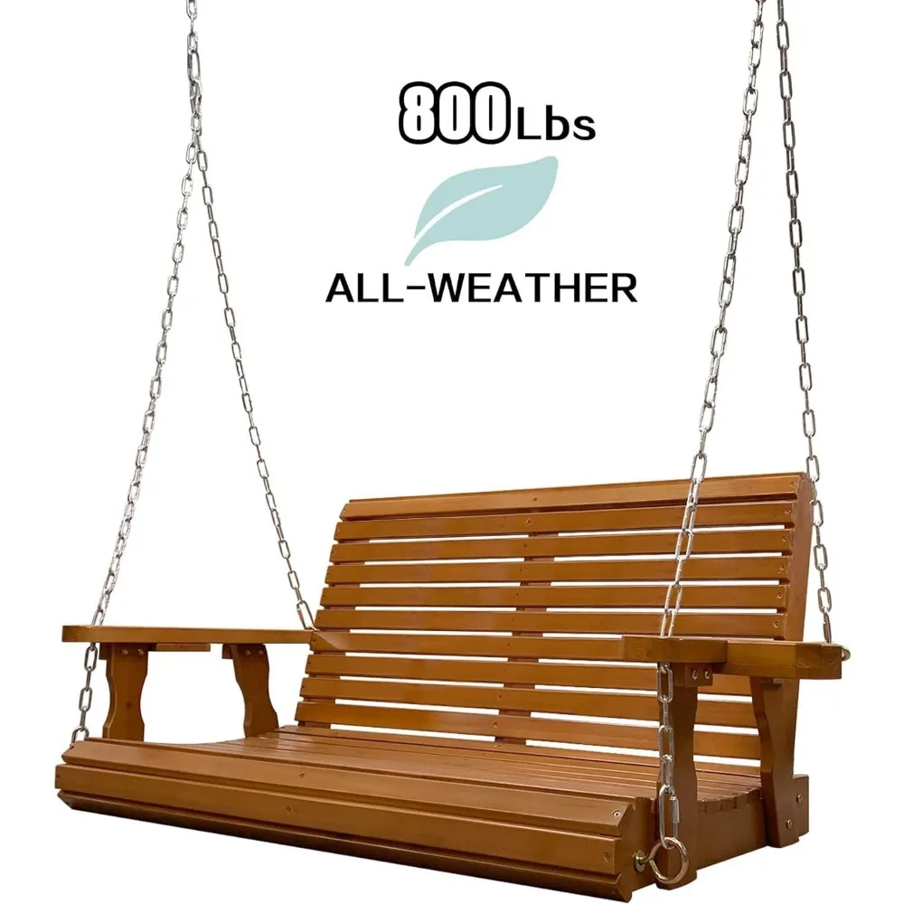 Wooden Porch Swing 2-Seater, Bench Swing with Cupholders, Hanging Chains and 7mm Springs, Heavy Duty 800 LBS (Cedar Tone - 4 Ft.