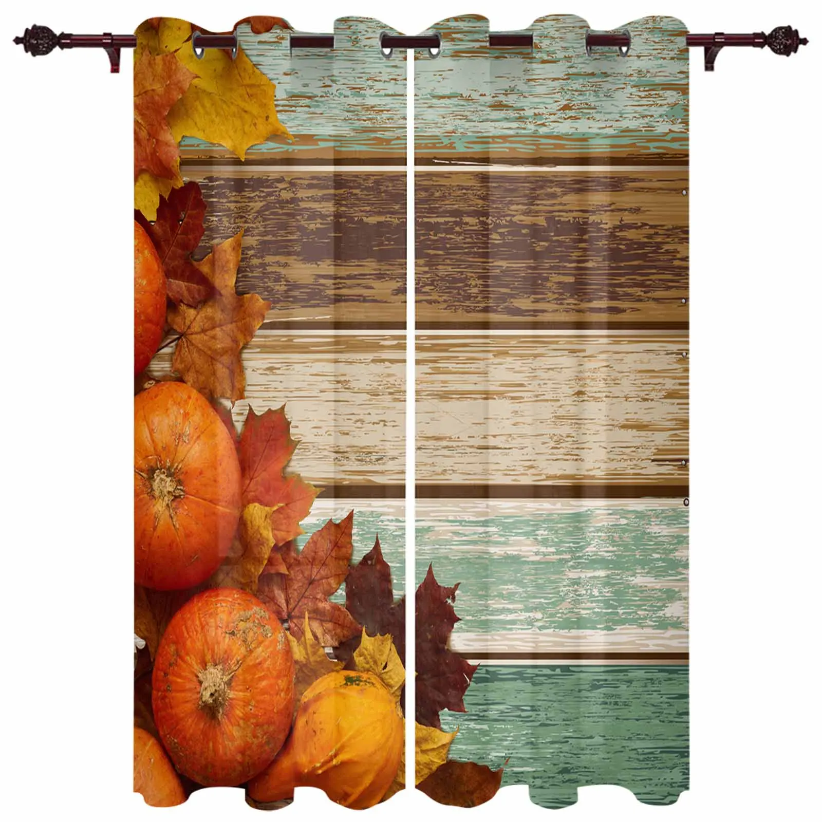 Thanksgiving Pumpkin Wood Grain Modern Window Curtains for Living Room Bedroom Curtain Kitchen Treatment Blinds Drapes