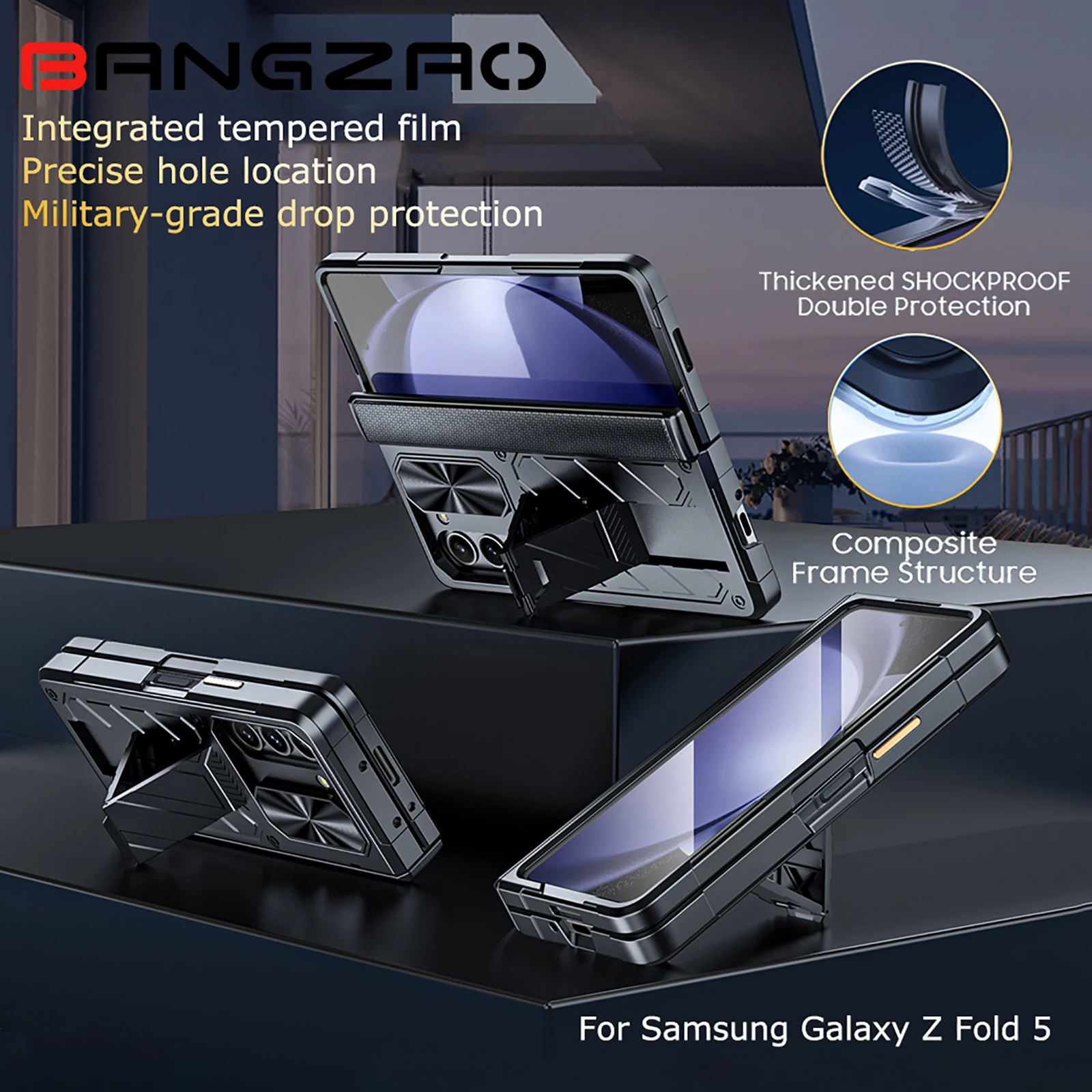 Deluxe Military Grade Hinged Case with Stand Full Coverage HD Protective Film Shockproof Case Funda for Samsung Galaxy Z Fold 5