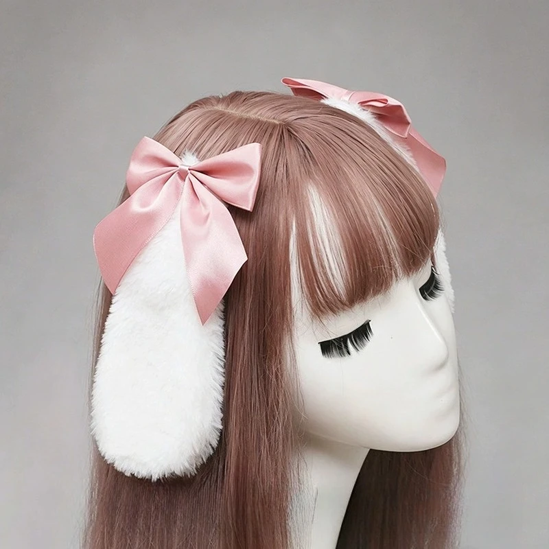 QQ Halloween Cosplay Bunny Ears Hairpin Kawaii Lolita  Anime Girls Costumes Droppy Rabbit Hairclips Cute Plush Ribbon Bowknot