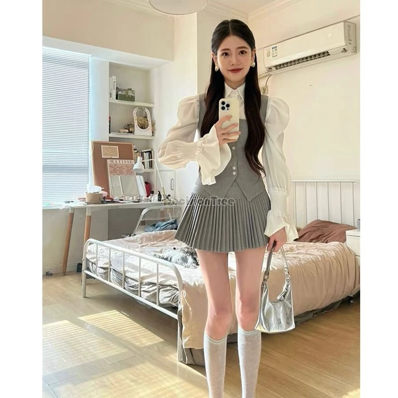 2024 Lief Meisje College-Stijl Schooluniform Japanse Koreaanse Stijl Jk Uniform Lange Flounce Mouw Shirt Veelzijdige Geplooide Rok