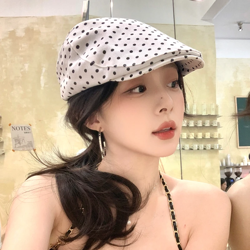Ins New Retro Polka Dot Print Forward Hats for Women Spring and Summer Outing Sweet Versatile Fashion Y2K Berets Cap Bonnet