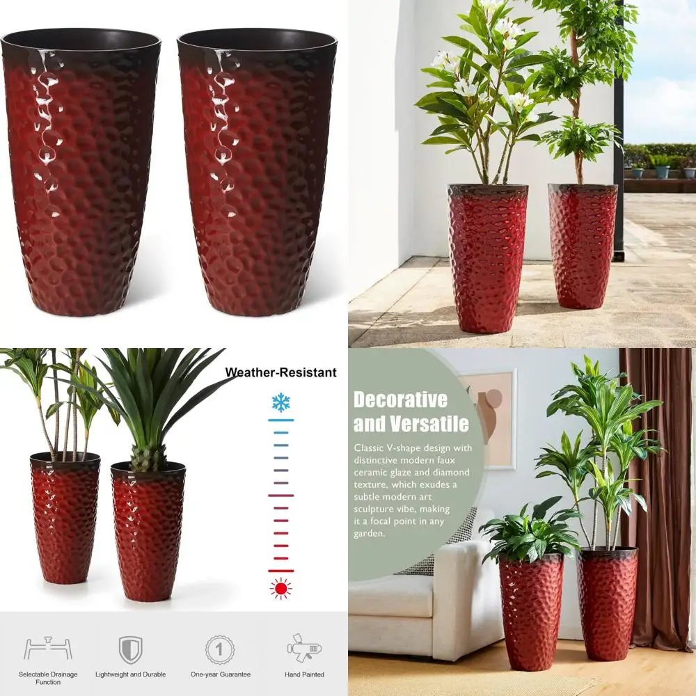 

Большие пластиковые горшки большого размера, высота 23,75, сотовая текстура, красный градиент, каменный вид, набор из 2 штук, идеально подходит для использования в помещении и на открытом воздухе P