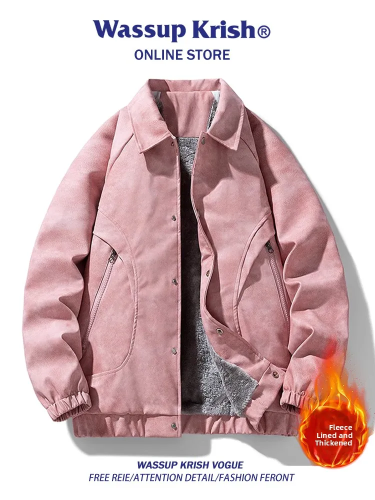 

Wassup Kri Американская спецодежда Thiened Fce на подкладке Розовый кожаный дэт для мужчин и женщин Пары Осенне-зимняя верхняя одежда