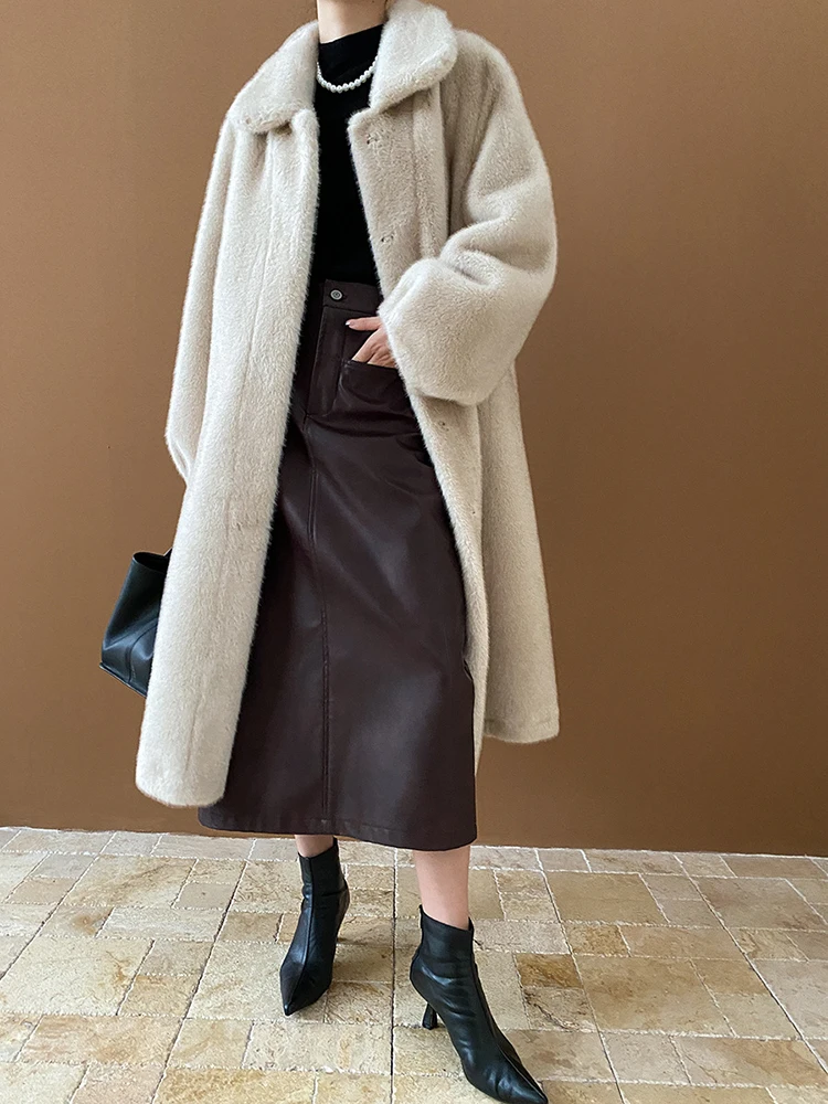 [EAM] Coffee Thick Warm Pocket Long Faux Fur Jacket New Lapel Long Sleeve Women Coat Fashion Tide Autumn Winter 2024 1DH7887