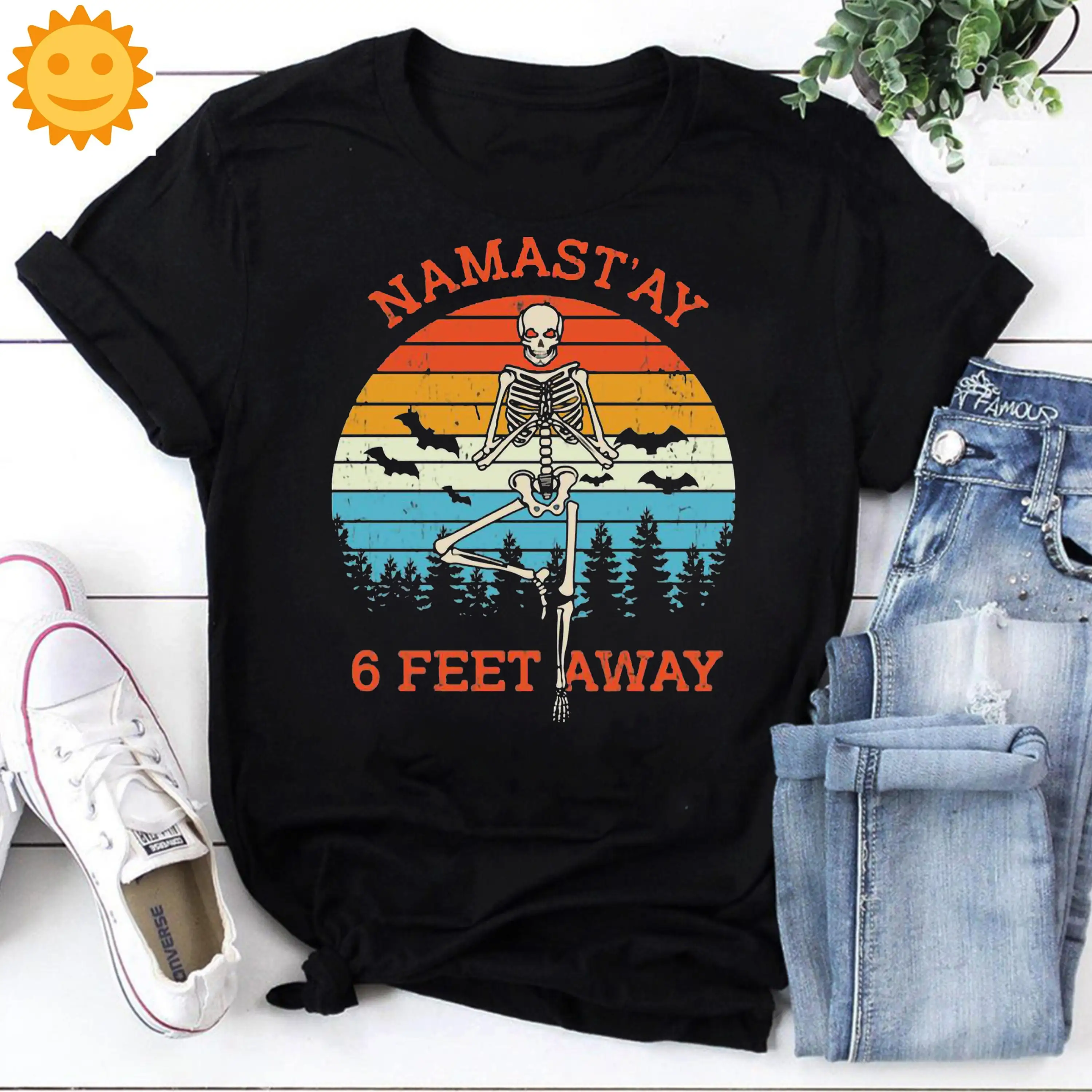 Skeleton Namastay 6 Feet Away Vintage T Shirt Halloween Namaste Mediate Social Distancing