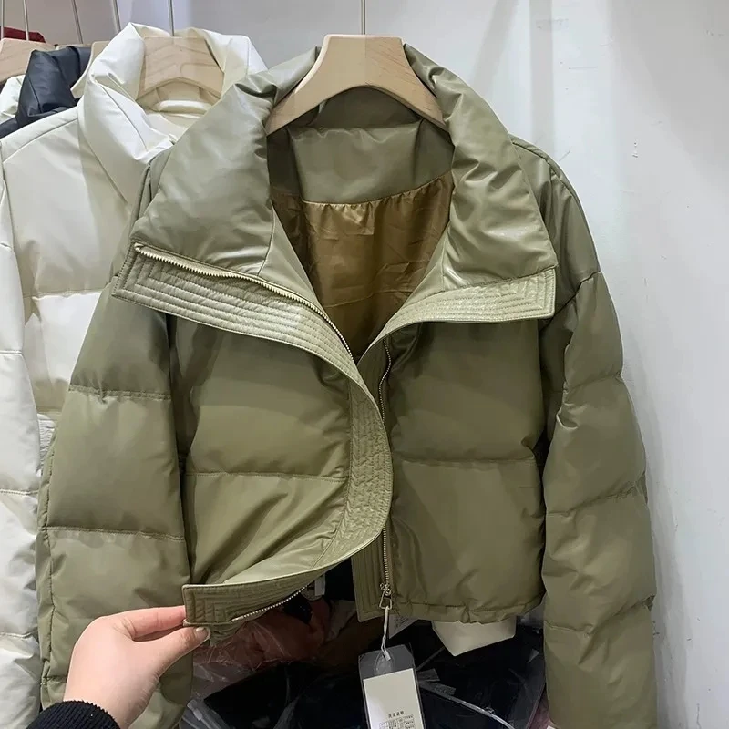 Wash-Free Pu Leather Down Cotton-Padded Jacket Women Short Top 2023New Winter Thick Warm Parkas Coat Casual Bread Outwear Female