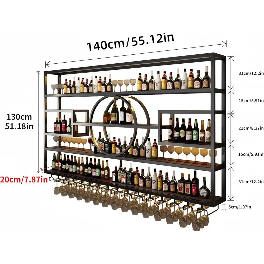 Contemporary Metal and Wood Wine Rack with Glass Holders for Home Bar and Kitchen, Black