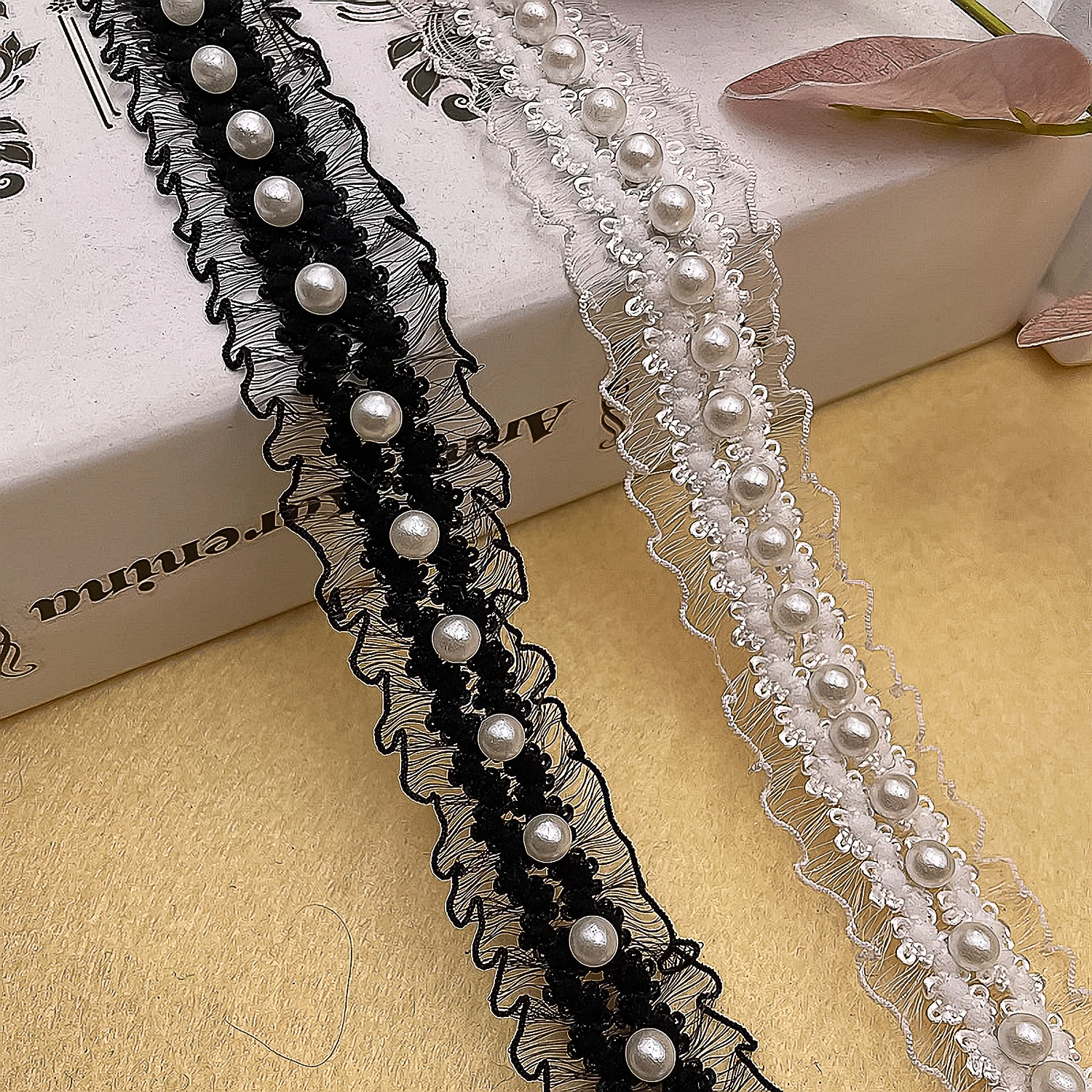 Diy Lace Trimming Supplies Elastic Ribbon With Hand-Attached Beads And Wave-Shaped Edging With Pearl Embellishments For Sewing