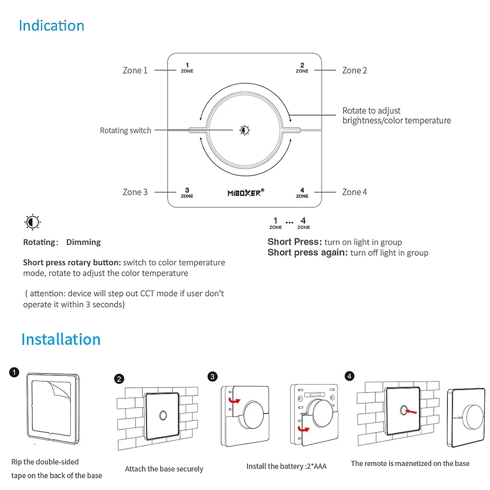 Miboxer K0S 2.4GHZ 86 Knob 4 Zone Panel Remote Adjust Color Temperature Brightness Dual white LED Dimmer Switch Controller