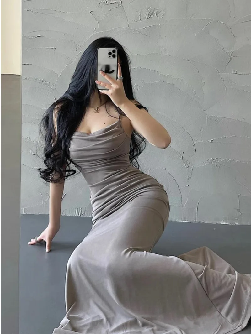 Sexy Solid Color Korean Style Slender Fold Waist Wrap Hips Fishtail Strap Forking Dress Elegant Fashion Sweet Long Dress SO8