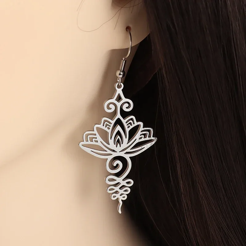 Three Color Stainless Steel Flower Lotus Pendant Earrings Women's Fashion Sports Yoga Leisure Accessories Jewelry Gifts