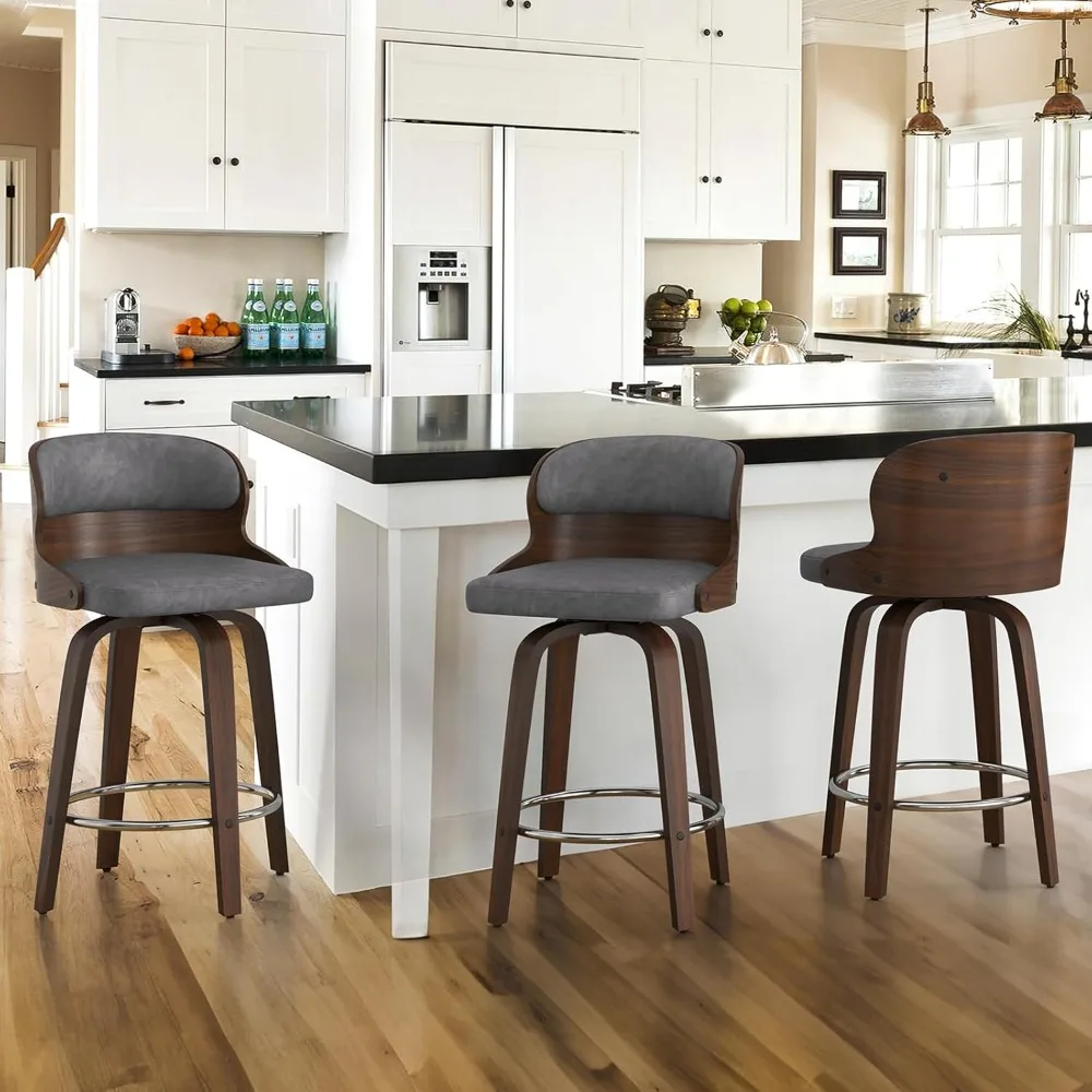 

Bar Stools Swivel, Mid Century Modern Bar Stools, 26 Inch Bar Chairs with Solid Back, Walnut Finish and Faux Leather Seat, Count