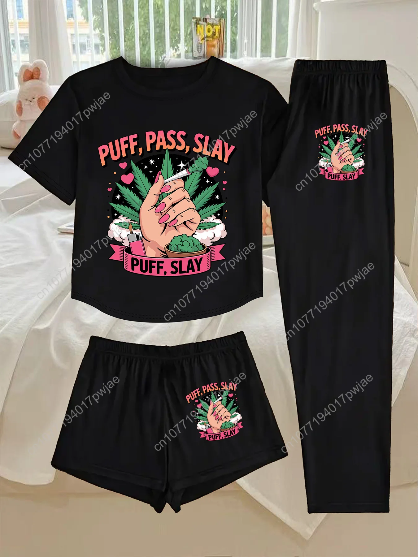Conjunto de pijama con estampado de hojas y papel rodante de 3 piezas para mujer, ropa de dormir con diseño de hojaldre, paso y enchufe, conjunto de salón 100% con noche de hojas a juego