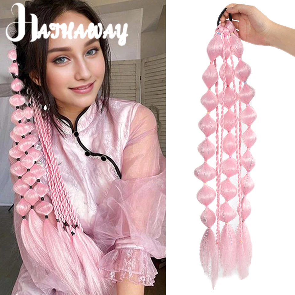 

Synthetic Lantern Color Bubble Braid Twist Ponytail Wig Pink Orange Twist Braid Double Ponytail