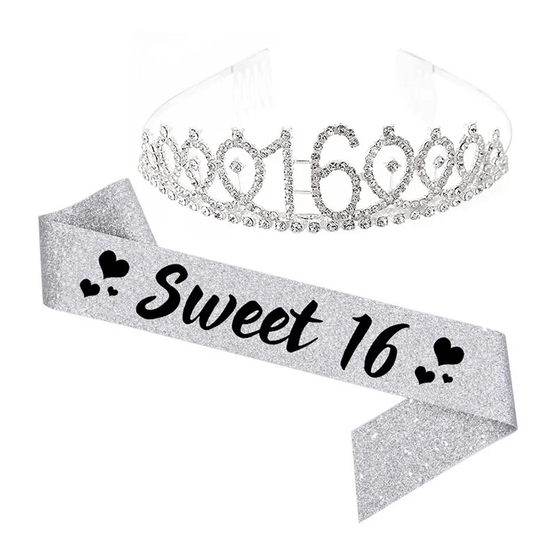 

Sweet 16th Birthday Crown Sash for Teen Kids Girl Silver 10 13 18 21th Fabulous Sashes Ribbons+Tiaras Birthday Party Decoration