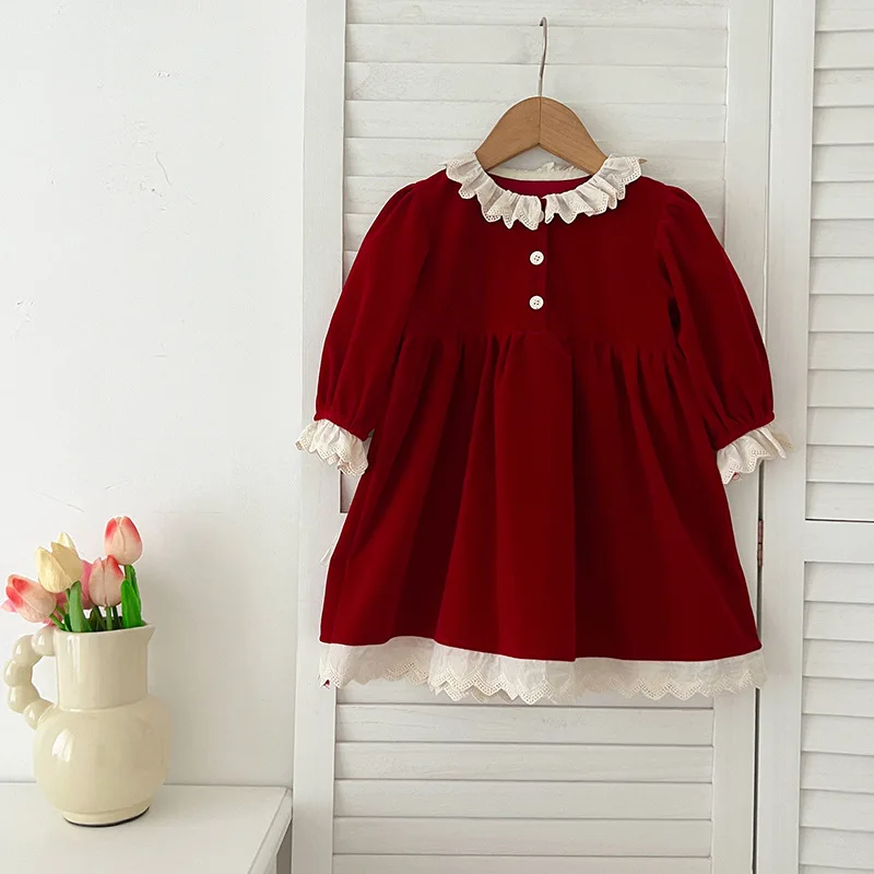 

Girls Autumn Dress 2025 New Fashion Casual Daily Clothing Red Long Sleeved Lace O-Neck Spring Clothes Warm and Soft for 2-6Y