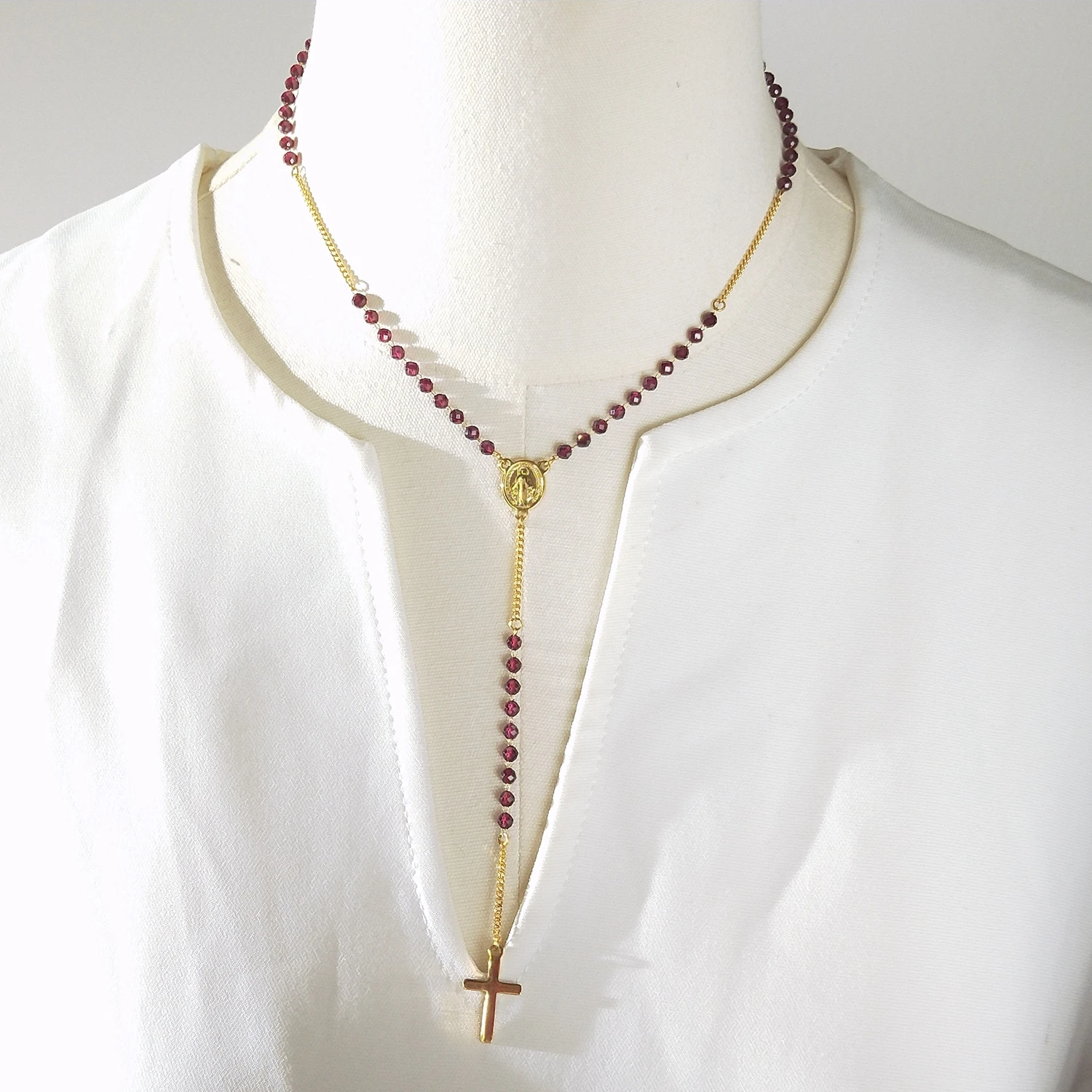 Lii Ji Multi Stone 3mm Rosary Necklace 40+5cm Gold Stainless Steel Handmade Jewelry