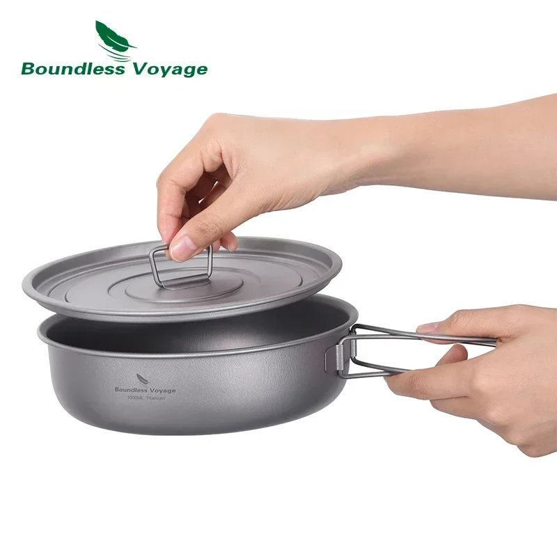 Boundless Voyage Titanium Frying Pan Camping Skillet with Folding Handles Lid Outdoor Cooking Griddle Ultralight Tableware 8Inch