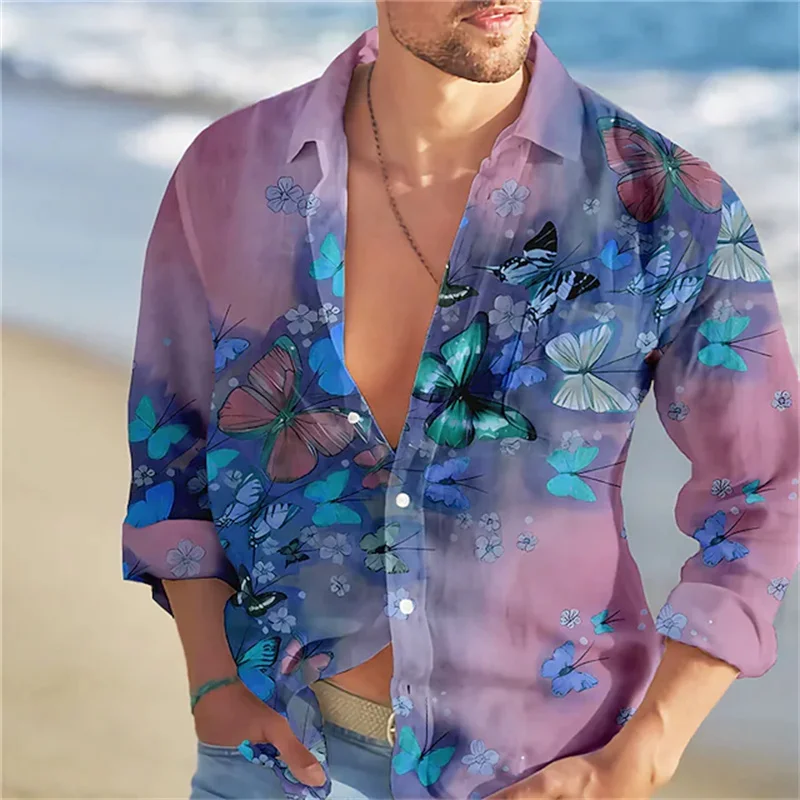 Trend Fashion Shirts Hawaiian Shirts Butterfly Printed Long Sleeved Single-breasted Clothing Men's Street Versatile Design Top