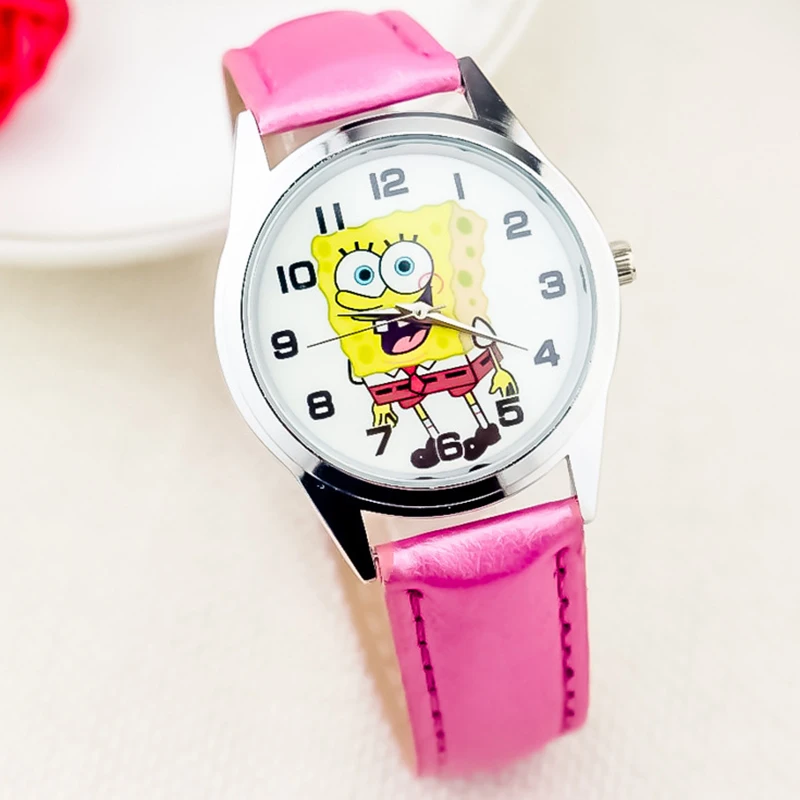 Anime Cartoon SpongeBob Boys Girls Student Round Quartz Watch Fashion Kids PU Leather Belt Wristwatch Birthday Christmas Gifts