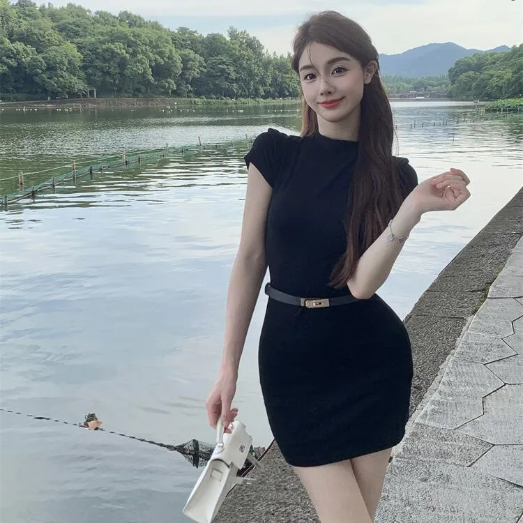 Ele Semi-High Collar Women's Dr Sweet And Spicy Girl Waist Cinching Slimming ort Skirt Little Bla Dr