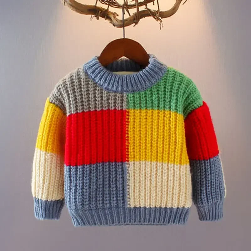 

Autumn Winter 2024 New Baby Boys Sweater Girl Children Knitted Clothes Kids Pullover Jumper Toddler Sweater Plaid Color Matching