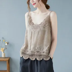 Elegant V-Neck Loose Hollow Out Lace Sleeveless Blouse Women's Clothing 2023 Summer New Casual Pullovers Korean Shirt