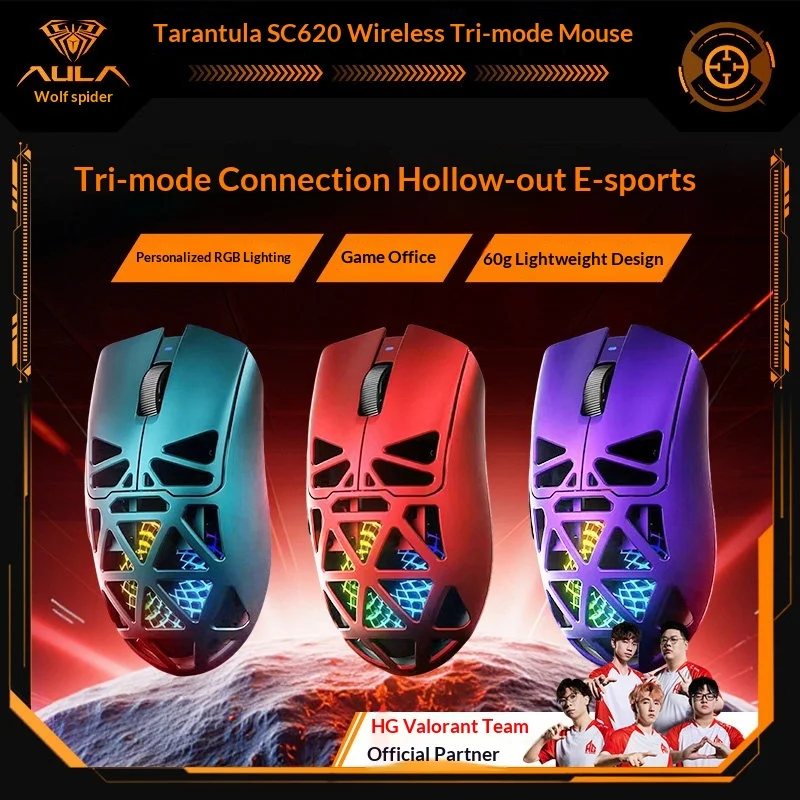 AULA SC620 SC660 Tri-Mode Wireless Bluetooth Gaming Mouse Hollowed-Out RGB Lighting 60G Lightweight For Office Laptop PC Gamers
