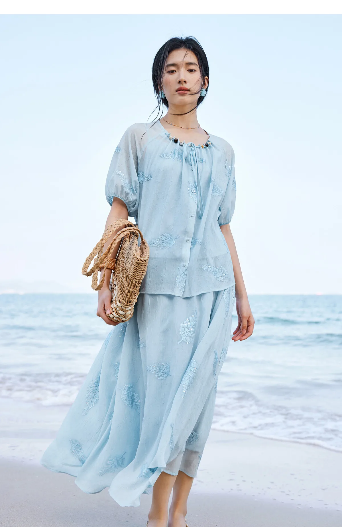 SENTUBILA Elegantes besticktes 3-teiliges Damen-Set, bestehend aus einem Oberteil mit Perlenbesatz und Rundhalsausschnitt, einem einfarbigen Camisole und einem A-Linien-Rock, lockeres Outfit 162ZK4843 – Detail 17