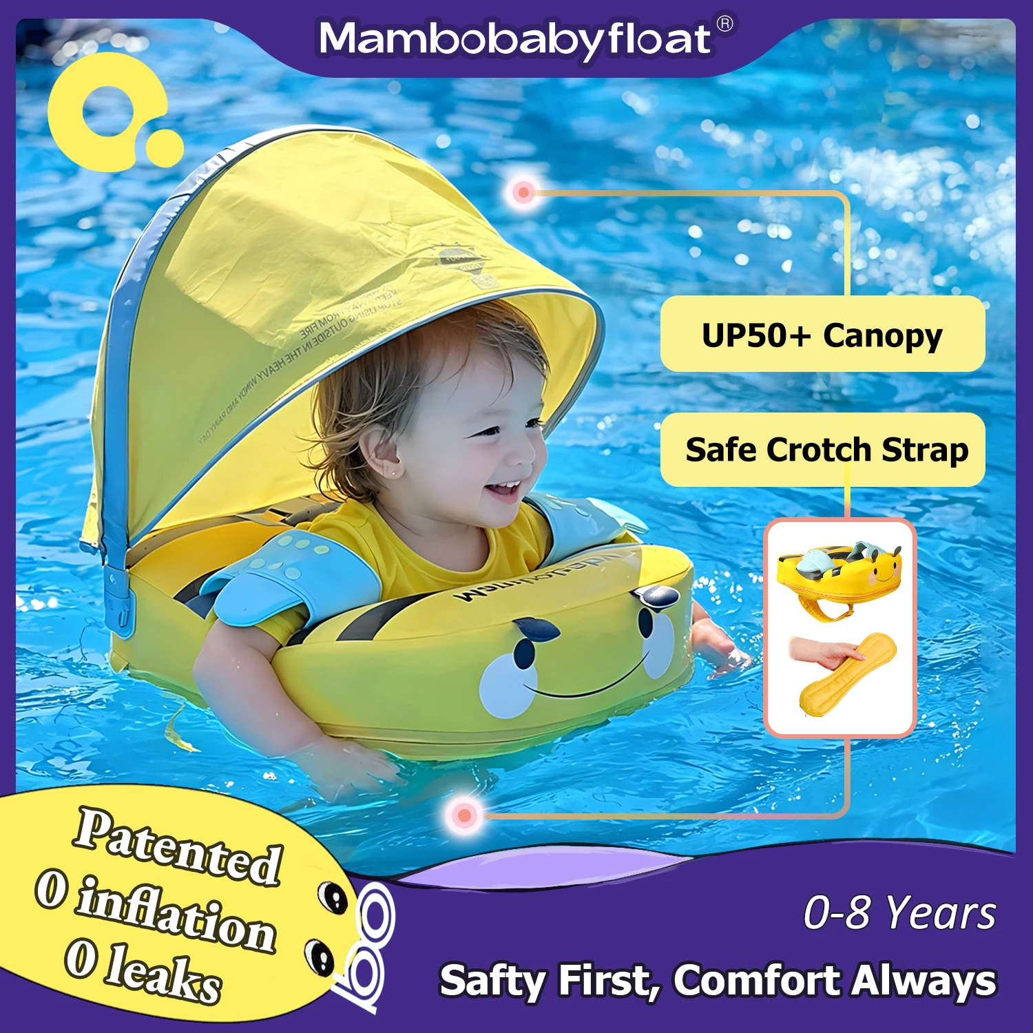 Mambobaby Float with Crotch Support 98% UV Protection Canopy Skin-friendly Baby Swim Ring Toddler Pool Float Infant Swim Circle