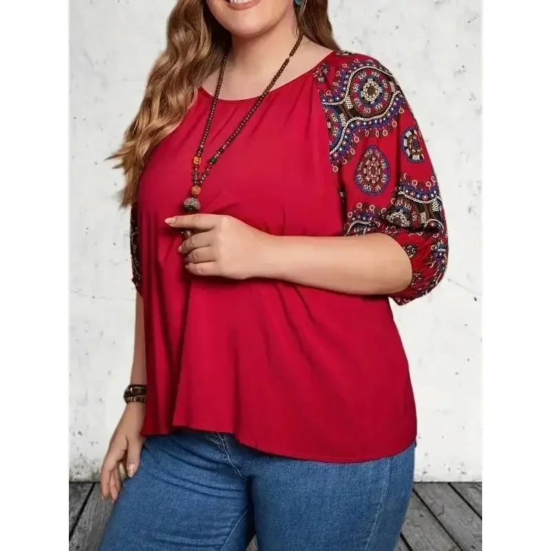 Damska koszulka Plus Size 1XL-5XL Casual Wygodna luźna koszulka z nadrukiem Modny top z okrągłym dekoltem Wszechstronny T-shirt