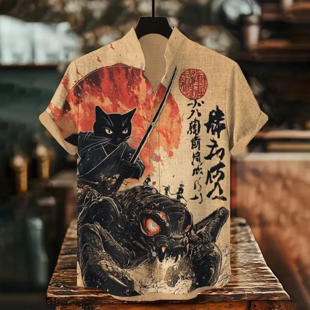 Unisex Retro Samurai Cat Monster Graphic Linen Shirts Men Japanese Style Stand Collar Short Sleeve Casual Button Down Blouse