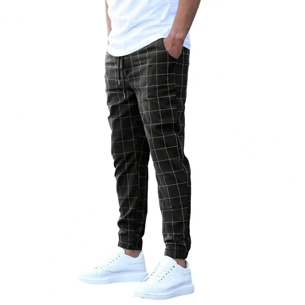 Men's Pants Plaid Print Pencil Pants with Elastic Waist Drawstring Slant Streetwear