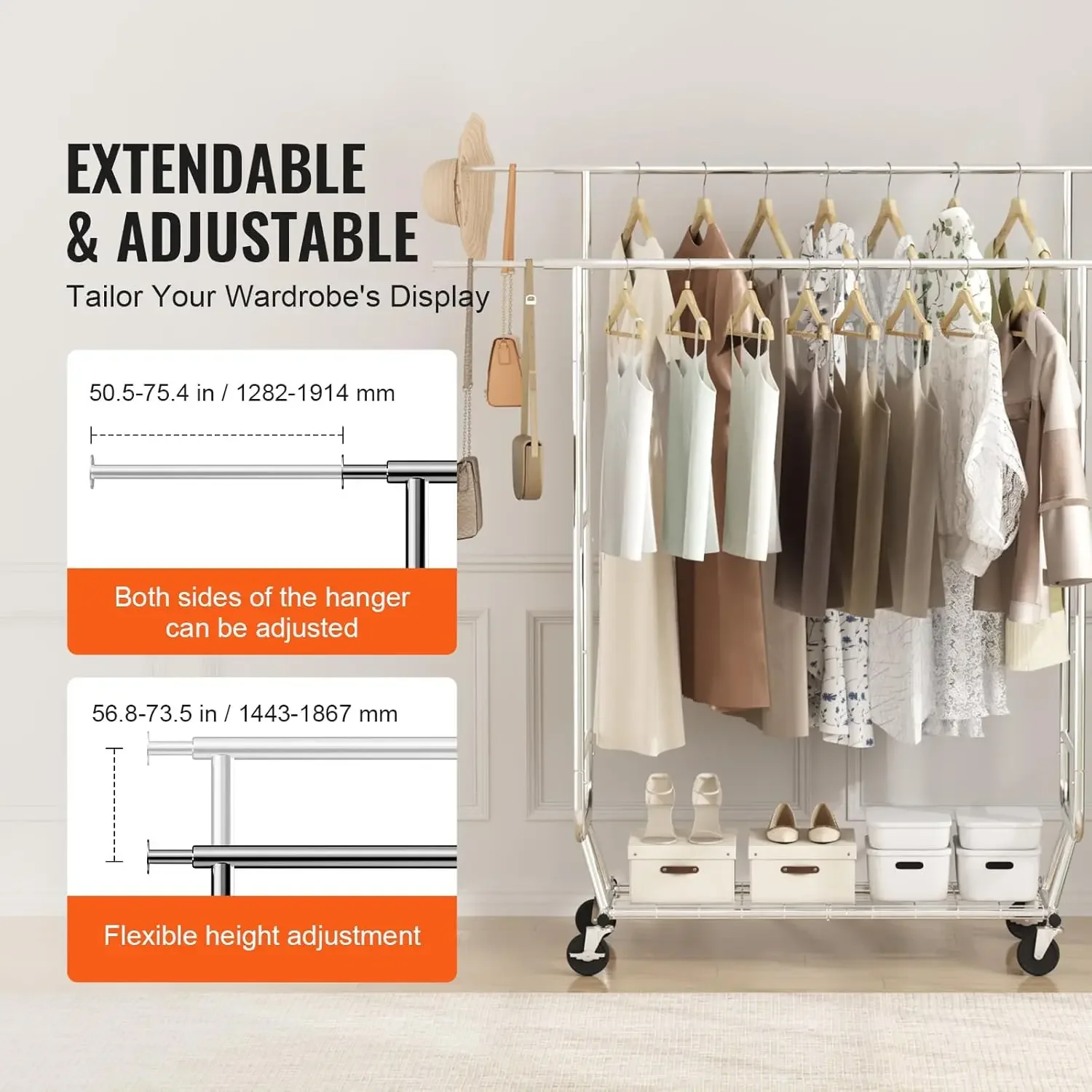 Heavy Duty Clothes Rack, Double Hanging Rod Clothing Garment Rack for Hanging Clothes