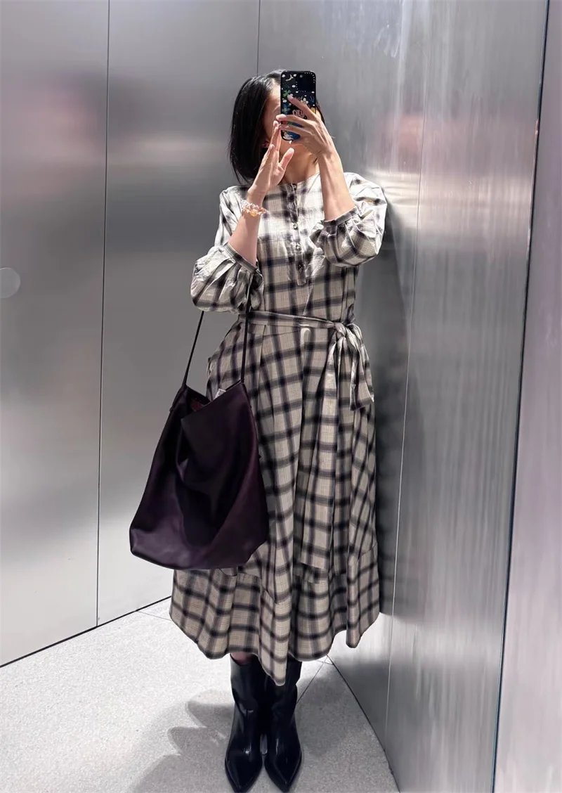 Women's Dress New Shirt Style Round Neck Waist Tied Plaid Puff Sleeve Midi Dress Elegant Casual Women's Wear
