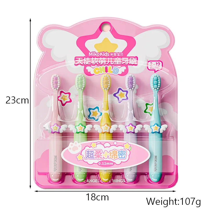 5PC Stars Wings Toothbrush For Children's Cartoon Angel Shaped Brush Handle Soft Bristle Brush Suitable For Children Aged 3-12