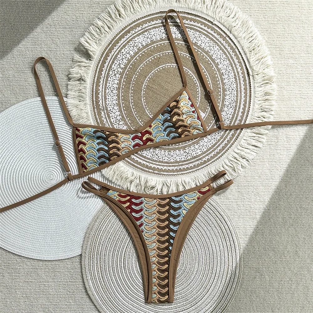 

Бразильский комплект бикини в стиле бохо с геометрическим узором, микро-кроп-топ и микро-стринги, сексуальный купальник для женщин, коллекция 2026