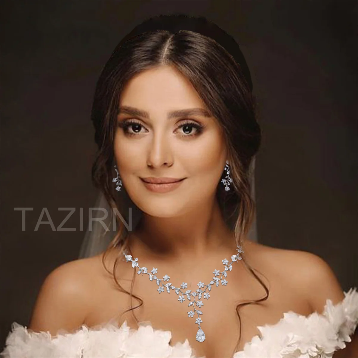 TAZIRN 5A Cubic Zirconia Floral Jewelry Set CZ Necklace and Earrings  For Dubai Nigeria Women Luxury Wedding Jewelry 2PCS Set