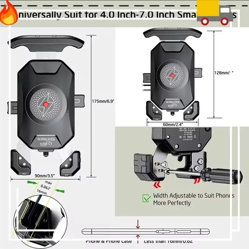 

Aluminium Motorcycle Phone Holder Anti-Theft Metal Bike Cellphone Mount With 15W Wireless & USB C 20W Fast Charge