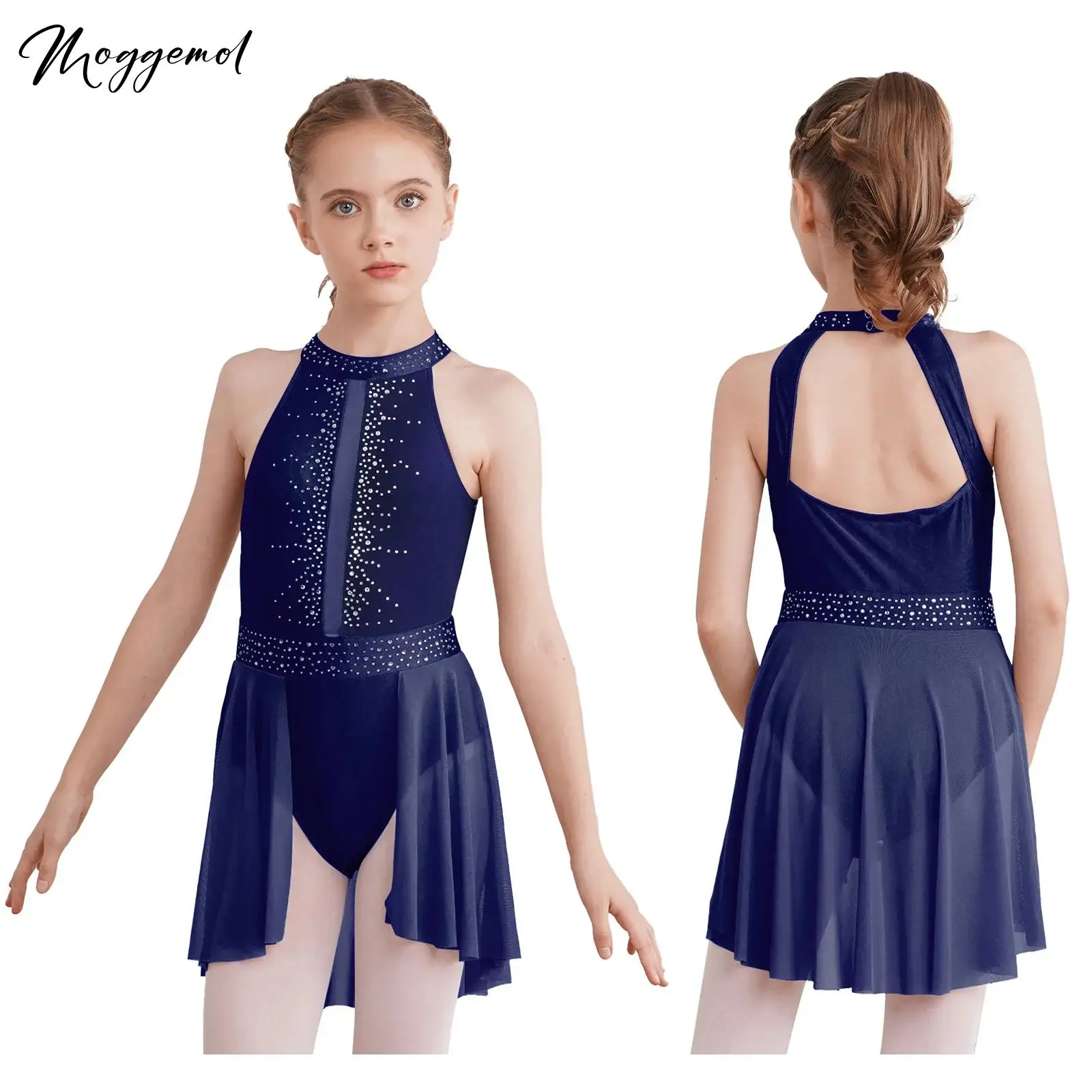 Kids Girls Lyrical Dance Dress Ballet Figure Skating Halter Sleeveless Rhinestone Gymnastics Leotard Dress Contemporary Costume