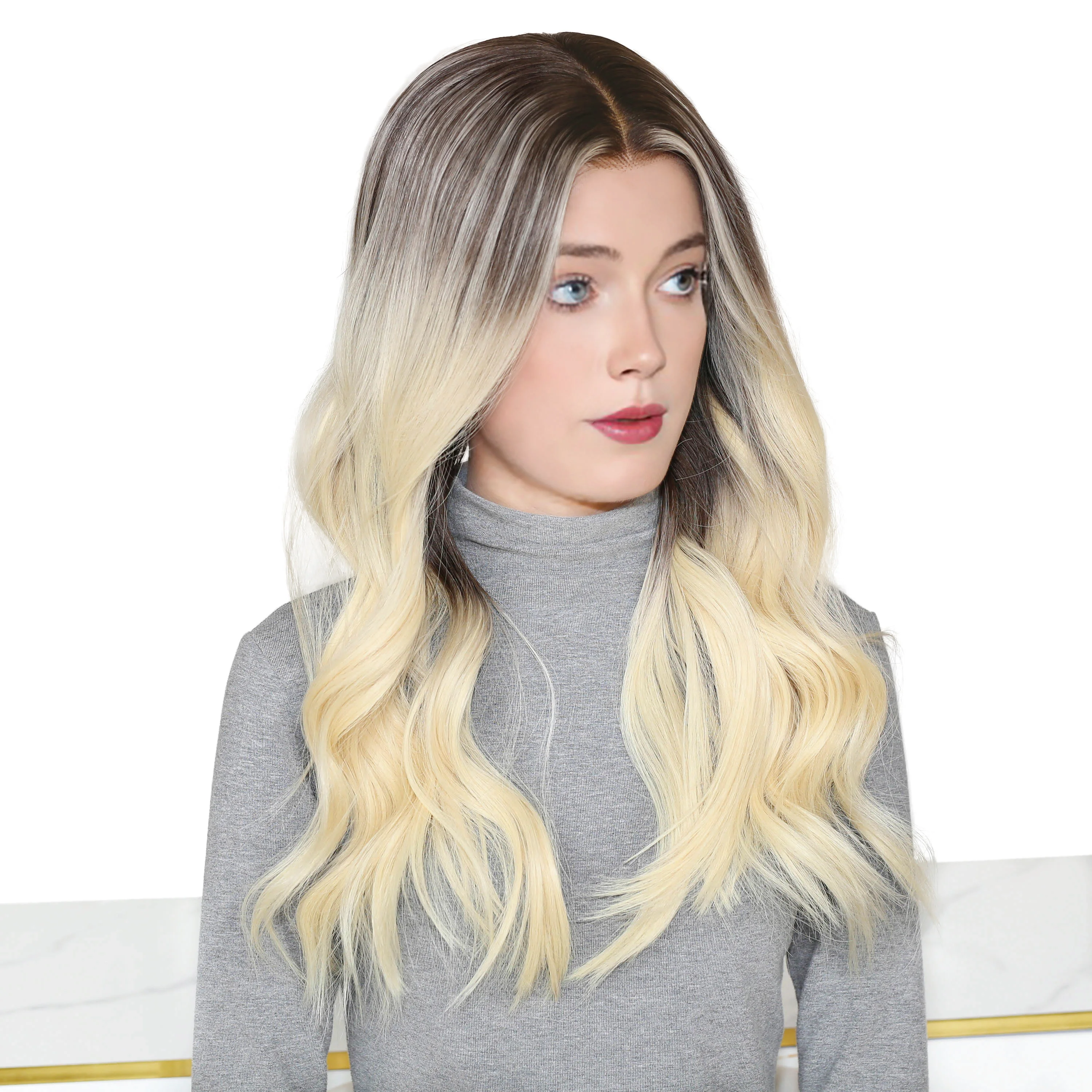 Remy Human Hair Lace Front & Top Wig Pear Blonde Hair Color with Brunette Root Color and Luxury Hand Painted  Balayage Ombre Wig