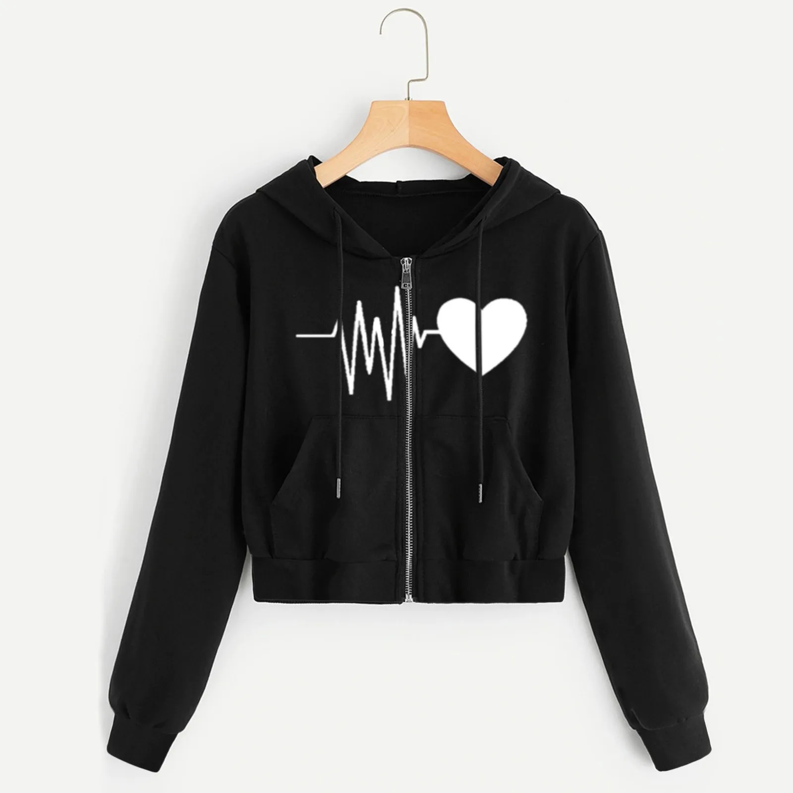 Heartbeat Print Hoodies Drawstring Sweatshirt Spring Fall Long Sleeve Hooded Pullover Tops y2k Zipper Pocket Short Women Clothes