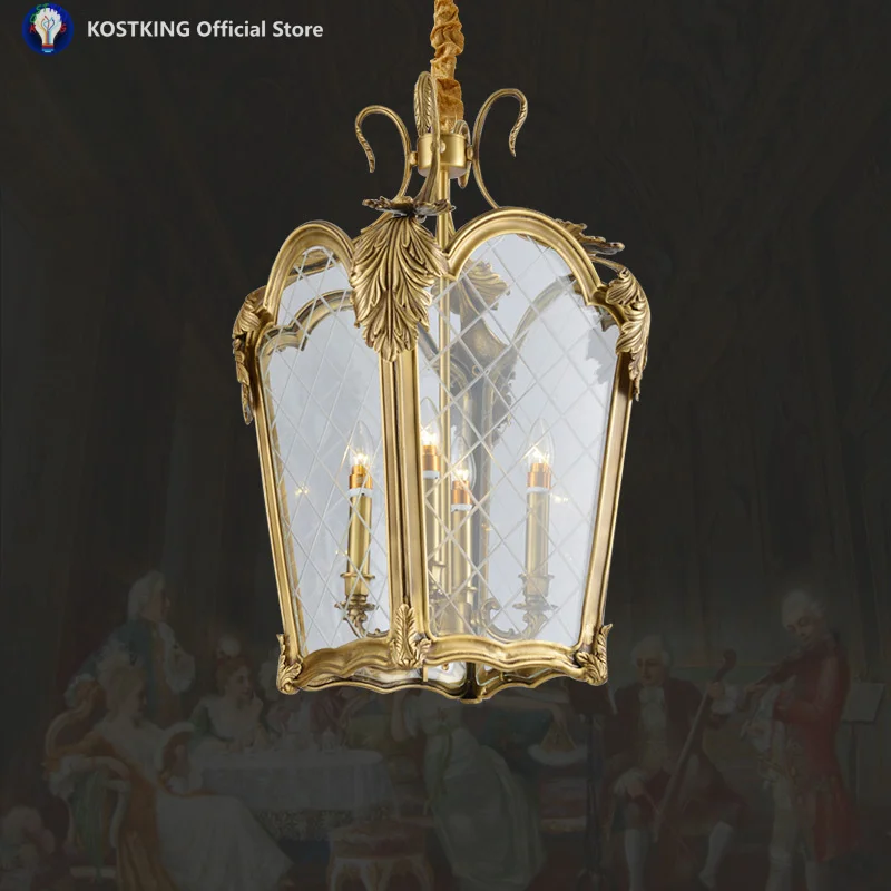 

Decorative Midcentury Vintage Brass Rectangle Lamp, Clear Glass Hanging Lantern - Style Cage Pendant Light