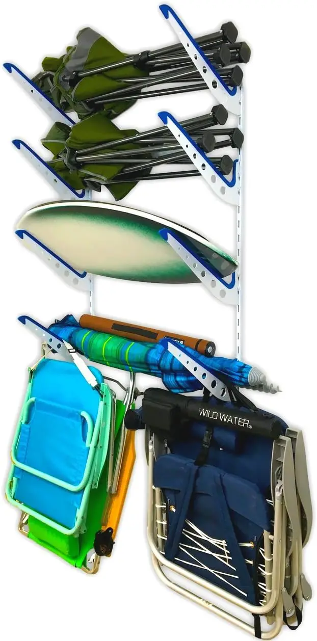 

Beach Chair and Umbrella Wall Storage Rack, Metal Adjustable 4 Level Beach Gear Hanger, Garage and Home Organizer