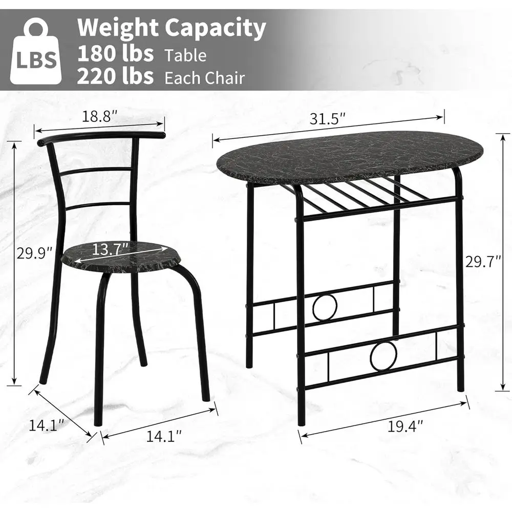 3-Piece Dining Table Set for Kitchen Breakfast Nook, Wood Grain Oval Tabletop and Metal Frame with Built-in Wine Rack, for Small